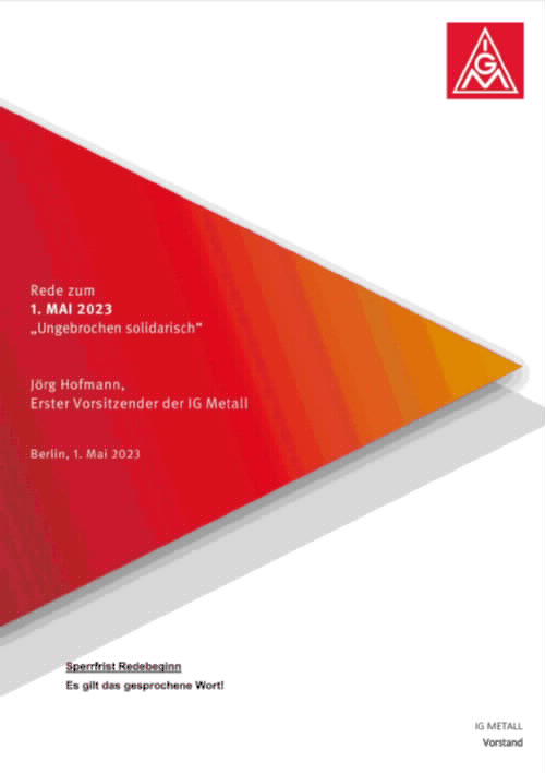 Jörg Hofmann, Erster Vorsitzender der IG Metall, Rede zum 1. Mai 2023