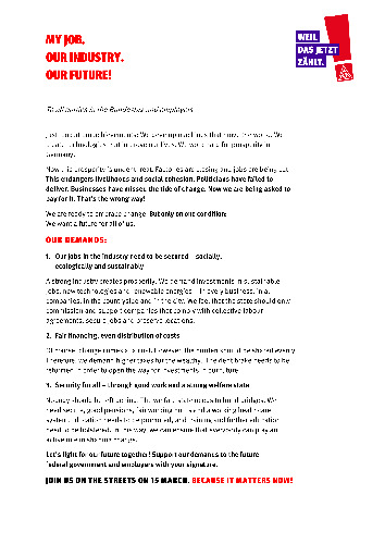 Petition "Mein Arbeitsplatz. Unser Industrieland. Unsere Zukunft" (englisch)
