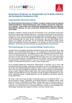 Gemeinsame Erklärung von Gesamtmetall und IG Metall anlässlich des Sozialpartner-Symposiums 2024