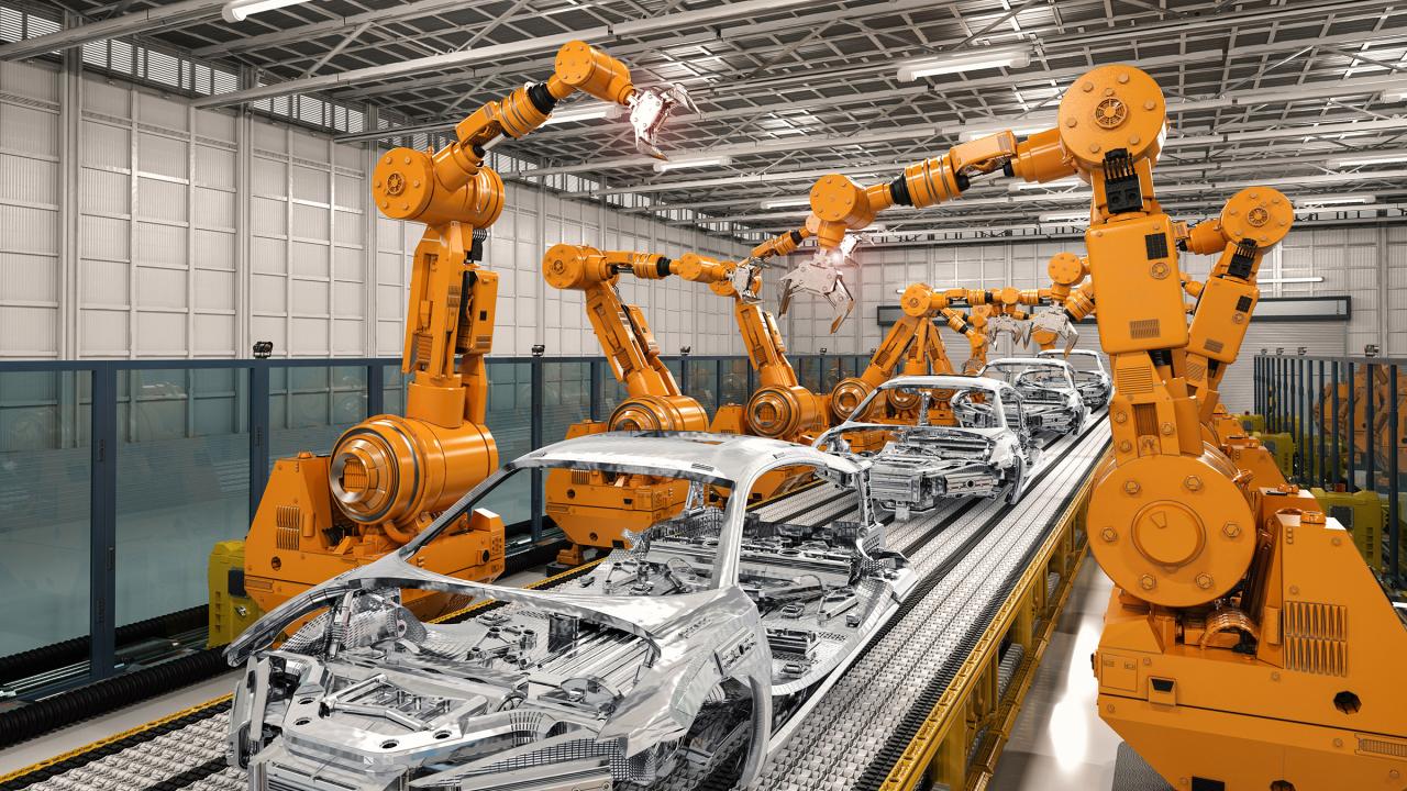 Roboter-Montagelinie im Automobilwerk.