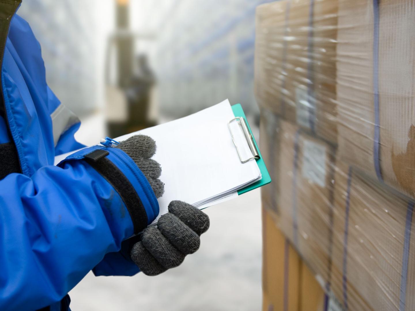 ein Beschäftiger prüft Lagerware in einem Kühlraum