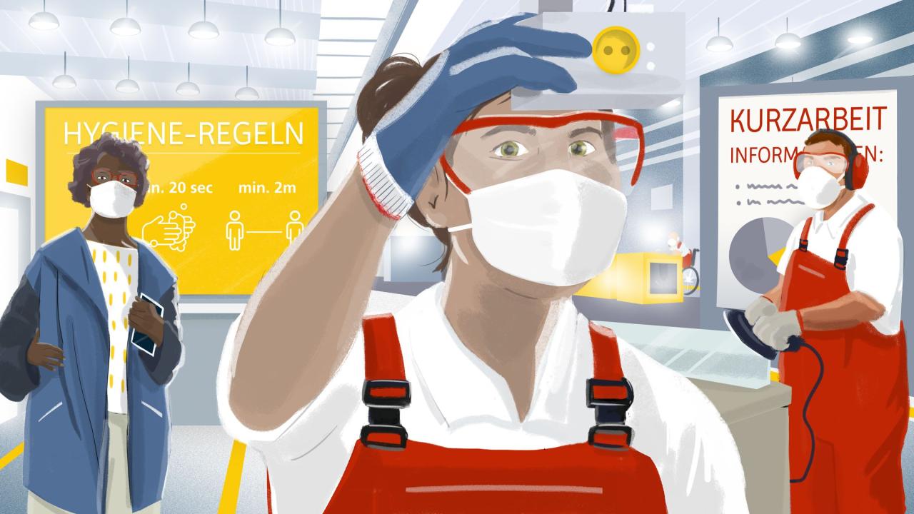 Illustration einer Kurzarbeiterin während der Corona-Krise