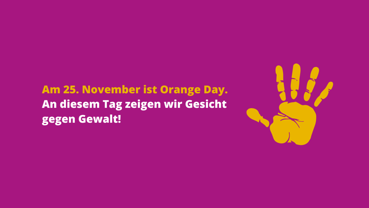 Orange Day Logo, Lila Hintergrund, mit Schrift „am 25. November ist Orange Day“, Orangene Hand 
