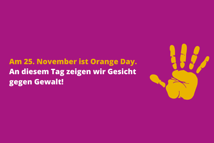 Orange Day Logo, Lila Hintergrund, mit Schrift „am 25. November ist Orange Day“, Orangene Hand 