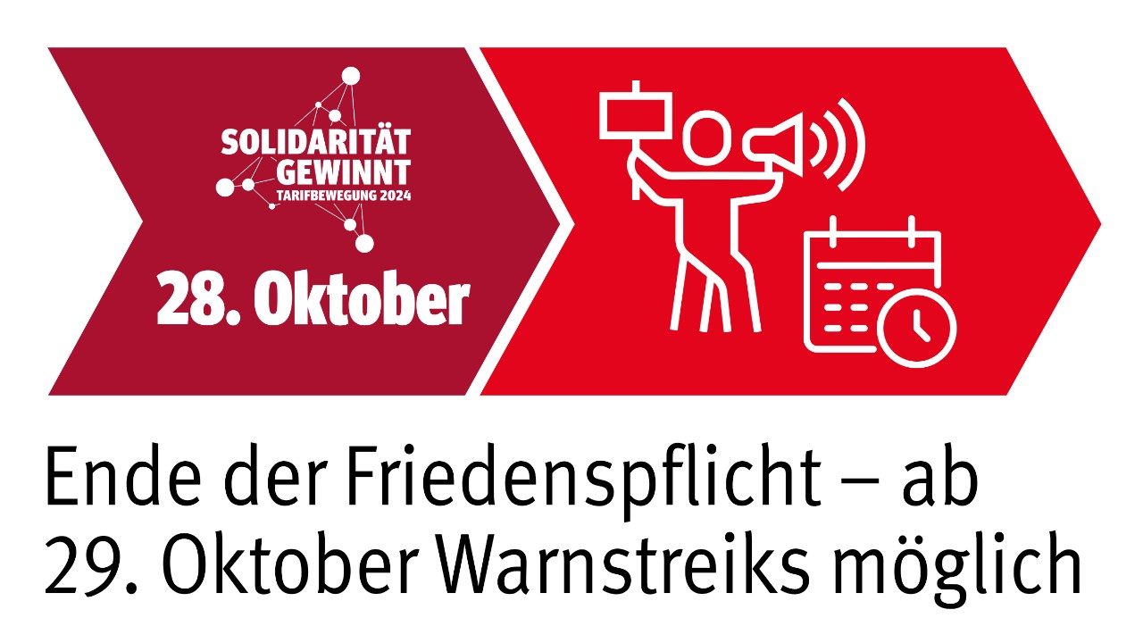 Grafik Tarifrunde Metall und Elektro 2024: 28. Oktober Ende der Friedenspflicht, ab 29. Oktober sind Warnstreiks möglich