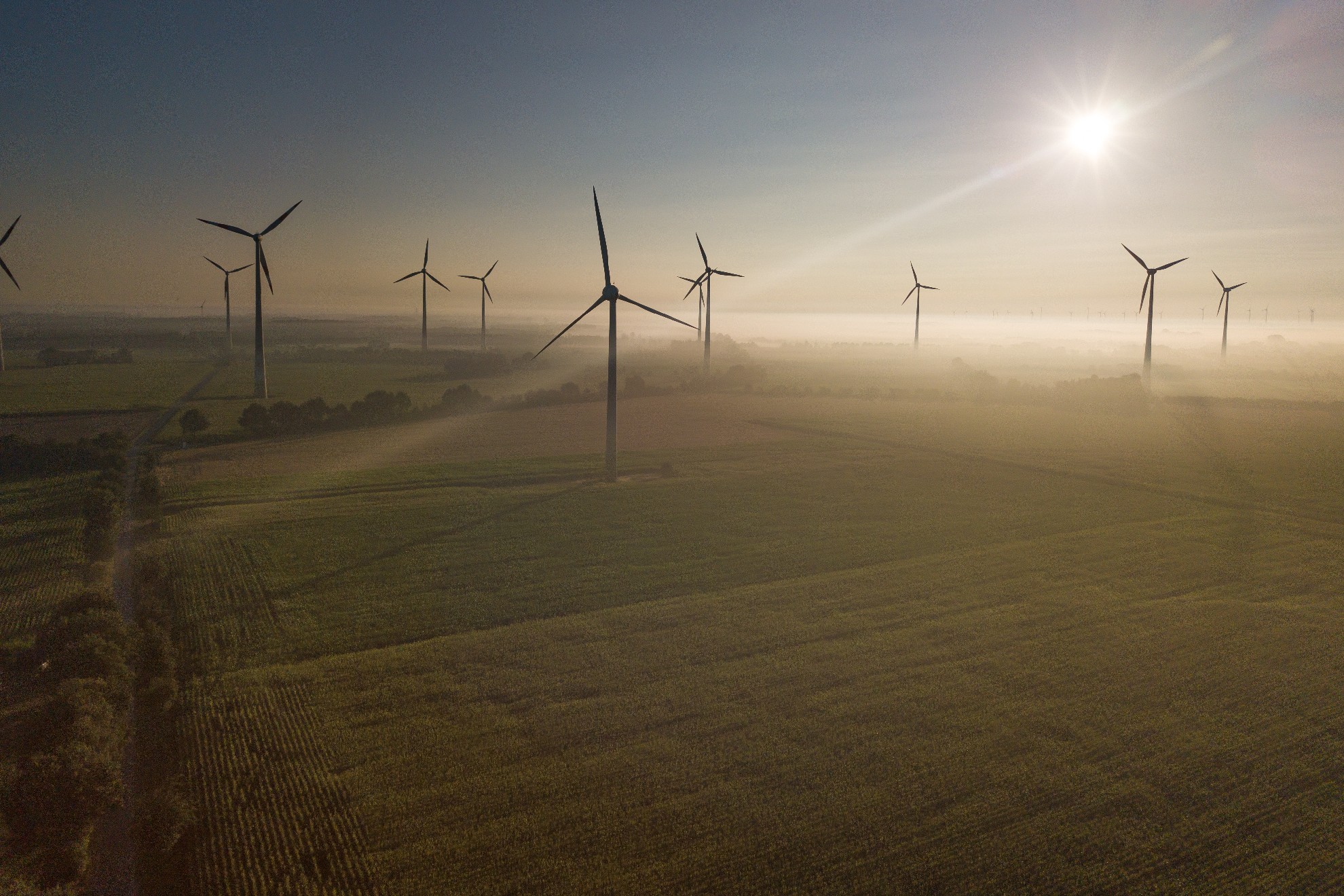 Windräder und Felder bei Sonnenaufgang.