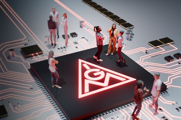 Symbolbild mit Figuren auf einem Chip / Halbleiter mit IGM-Logo.