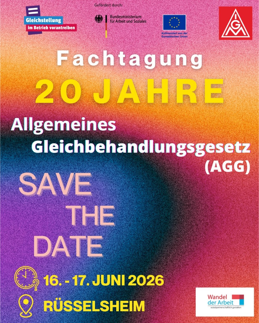 Plakat: Fachtagung für Betriebsrät*innen zu 20 Jahren Allgemeinem Gleichbehandlungsgesetz 