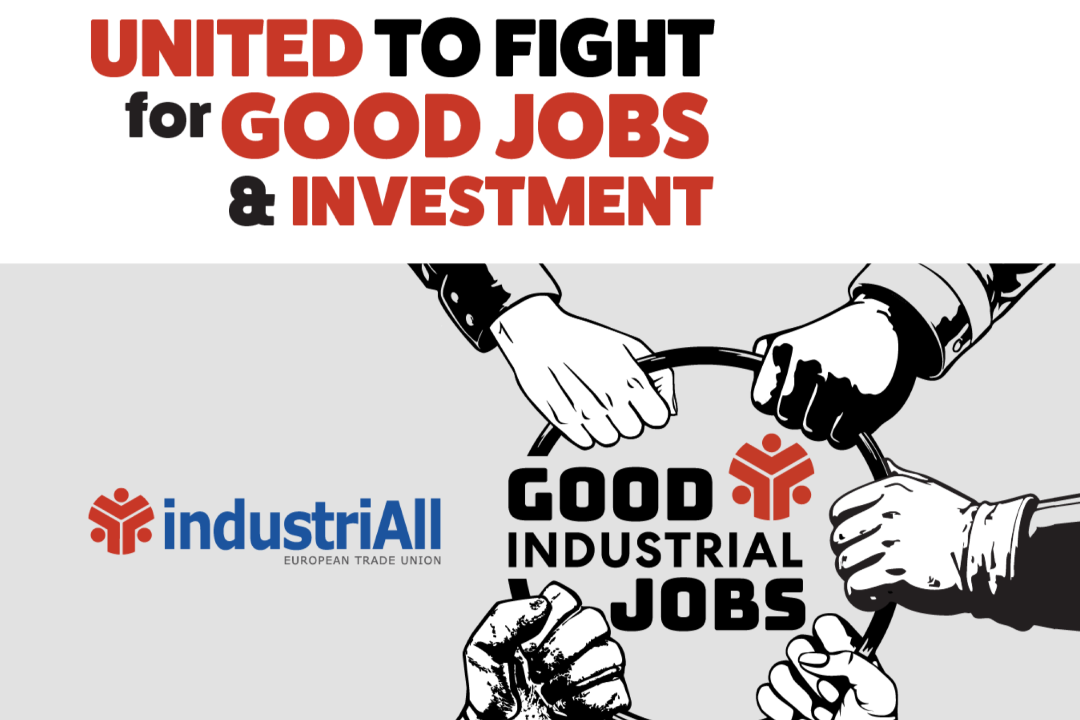Kampagnenlogo/-claim von IndustriALL Europe für den Aktionstag am 5.2.2026: Good industrial jobs - United to fight for good jobs & investment