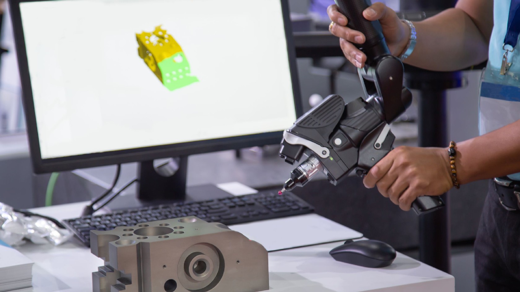 Industriearbeiter, der einen tragbaren 3D-Messarm bedient