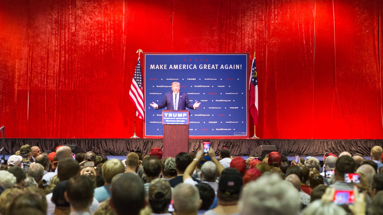 Norcross, GA, USA - October 10, 2015: Presidential candidate and Republican party nominee Donald Trump giving a speech at a rally in Georgia.