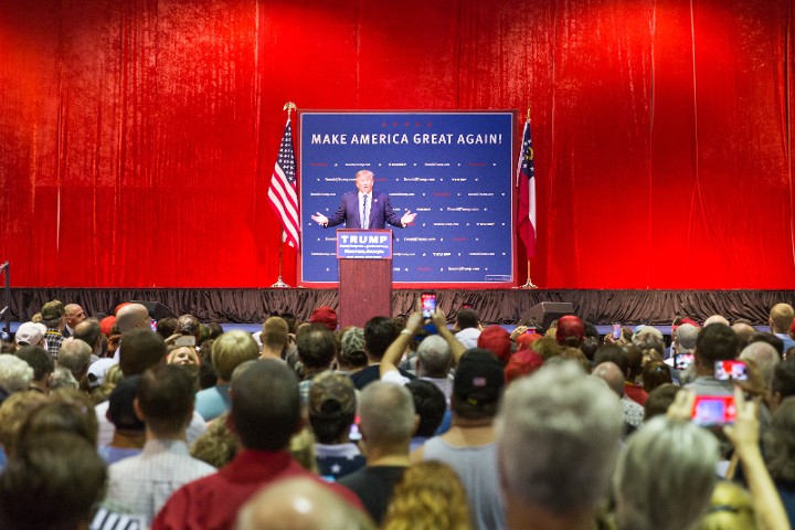 Norcross, GA, USA - October 10, 2015: Presidential candidate and Republican party nominee Donald Trump giving a speech at a rally in Georgia.